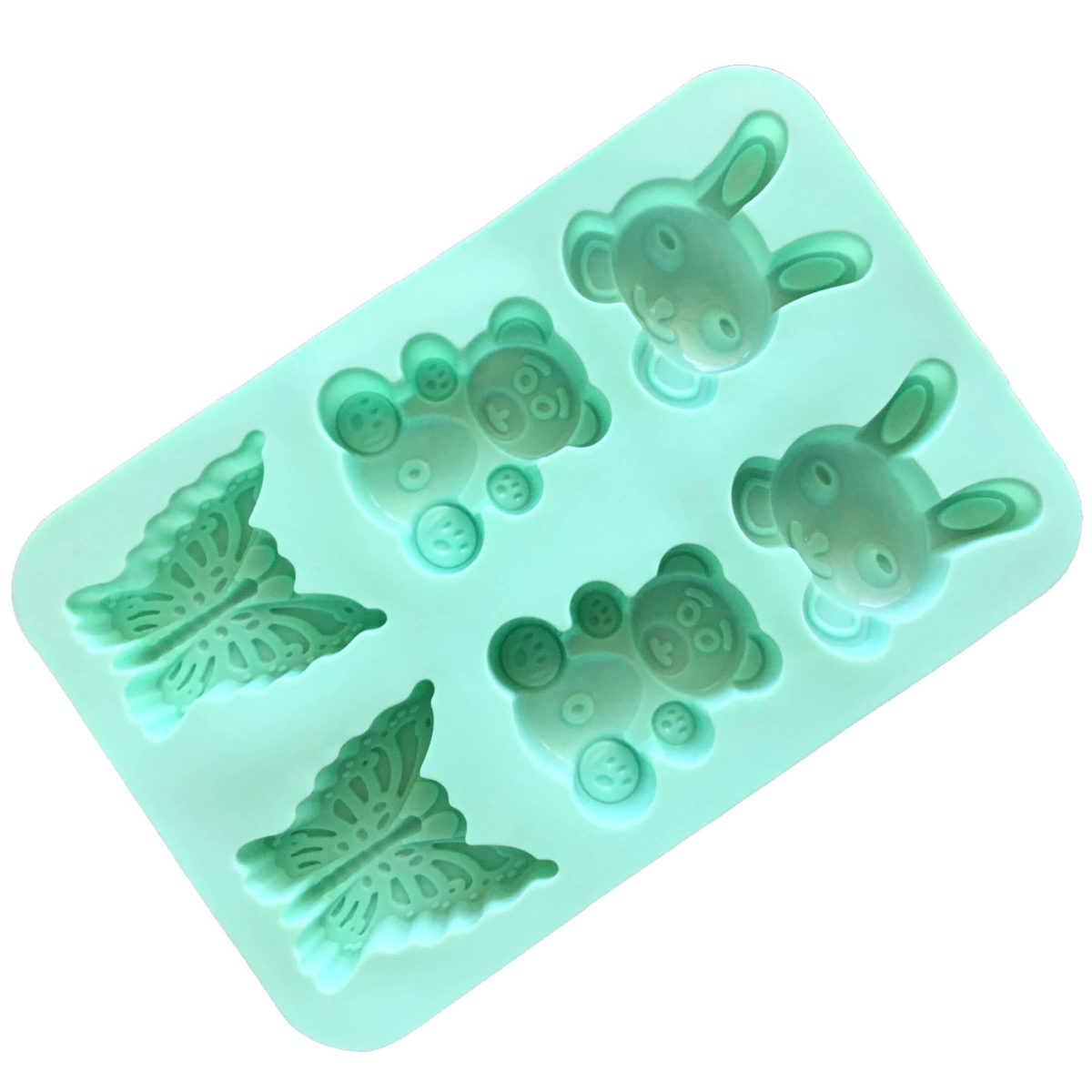 back of large aqua coloured silicone mould with six cavities - two each of bunny rabbit head, baby bear and butterfly