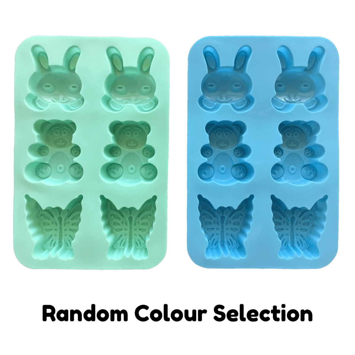 large silicone mould with six cavities - two each of bunny rabbit head, baby bear and butterfly displayed in blue and aqua with the text 'random colour selection'