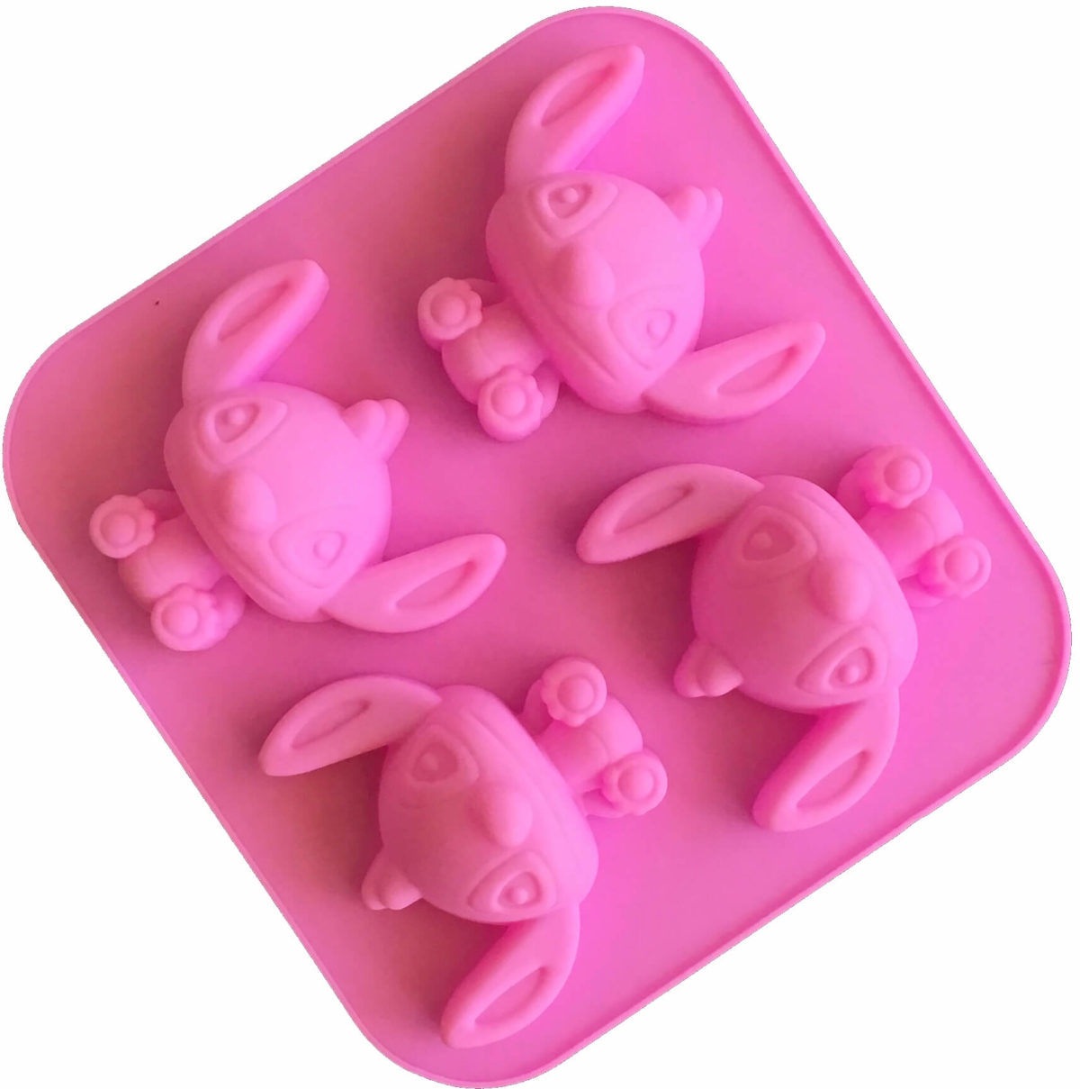 pink four cavity silicone mould with identical alien stich cavites