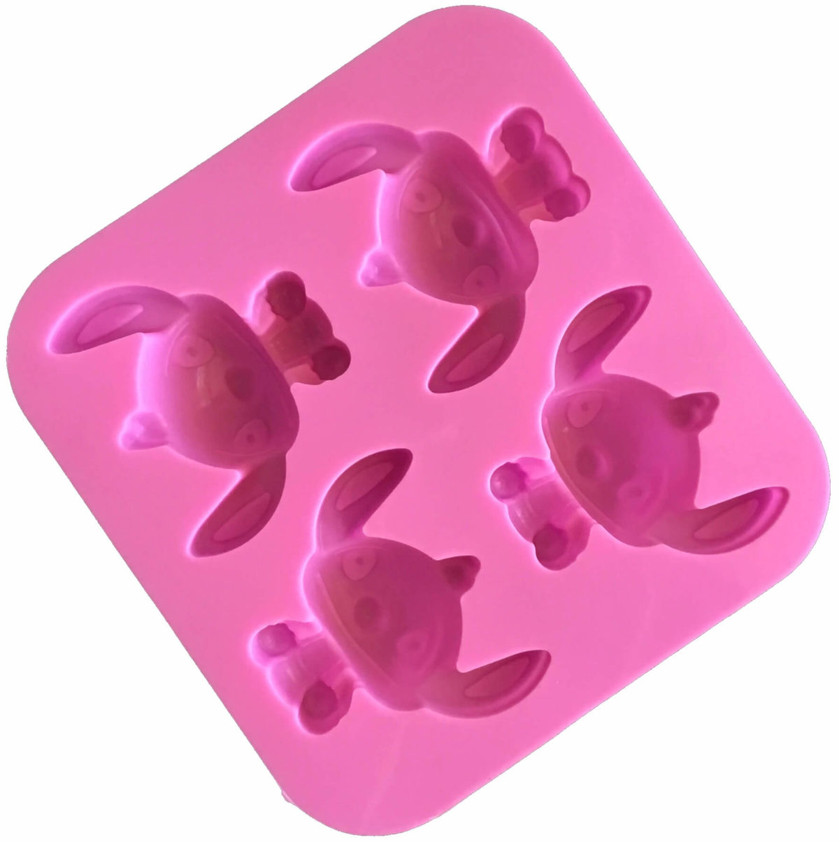 back of pink four cavity silicone mould with identical alien stich cavites