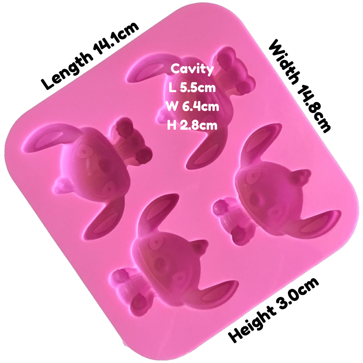 written dimensions of pink four cavity silicone mould with identical alien stich cavites