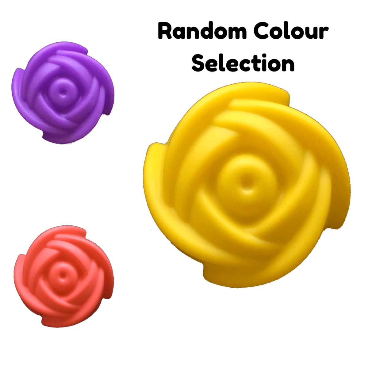 5cm rose flower single cavity silicone mould displayed in purple, red and yellow with the text 'random colour selection'