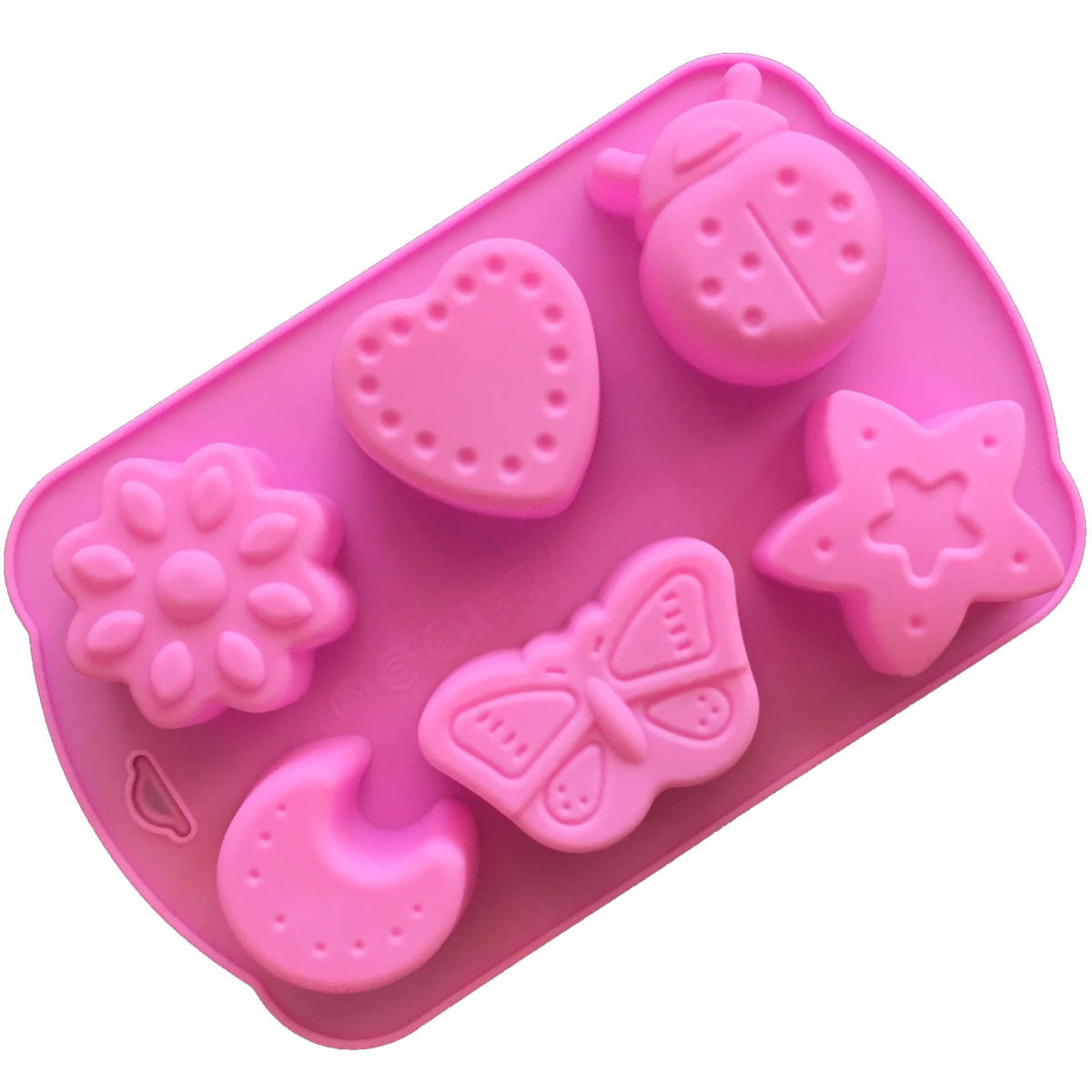 small pink silicone mould with six cavites - flower, heart, ladybug, moon, butterfly and star