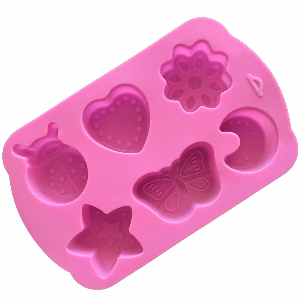 back of small pink silicone mould with six cavites - flower, heart, ladybug, moon, butterfly and star