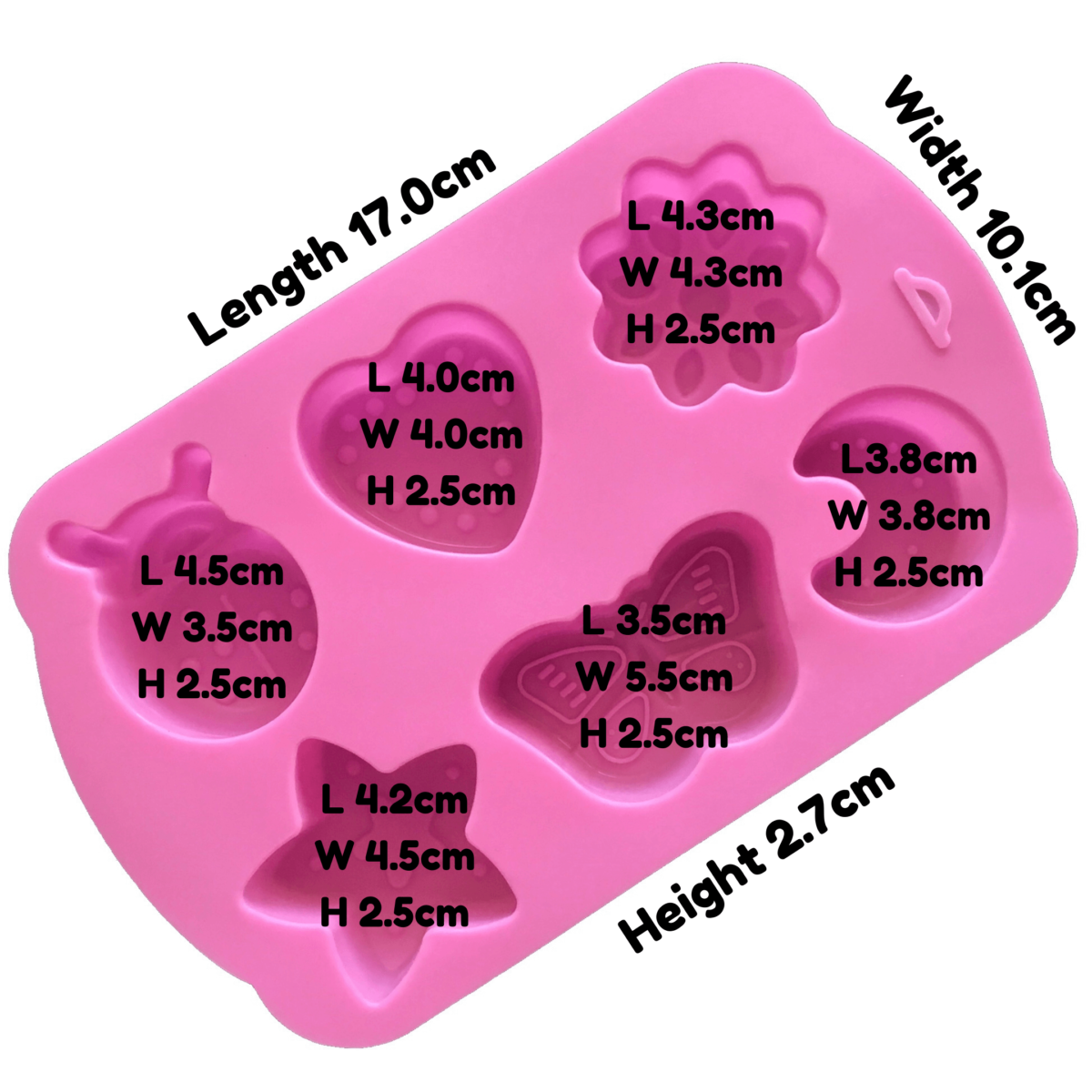written dimensions of small pink silicone mould with six cavites - flower, heart, ladybug, moon, butterfly and star