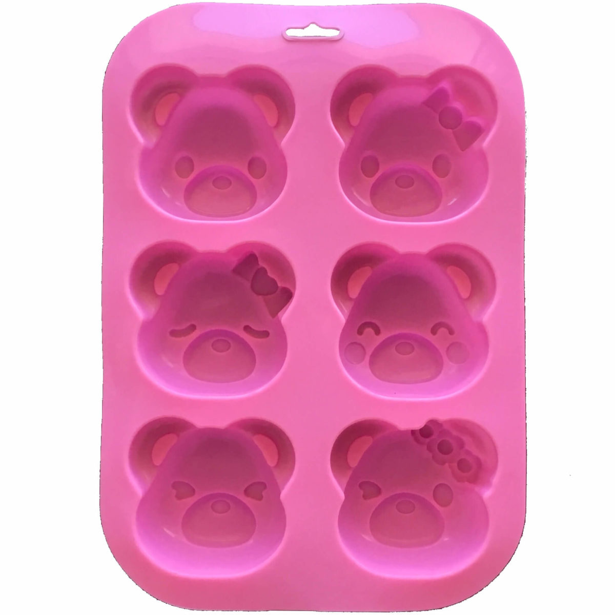back of pink six cavity silicone mould with teddy bear head-shaped cavities each with an individual facial expression showing mould cavity details