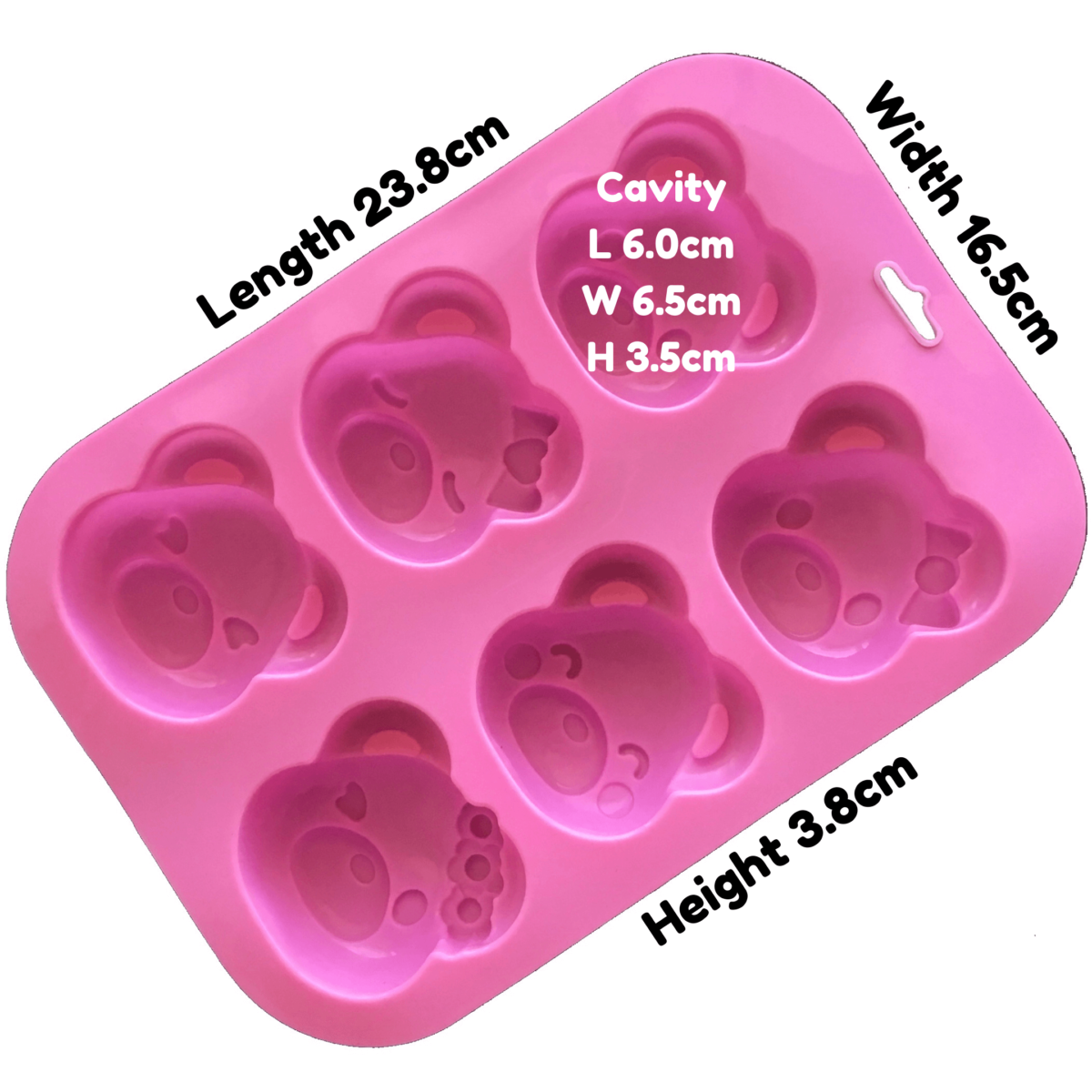 written dimensions of pink six cavity silicone mould with teddy bear head-shaped cavities each with an individual facial expression