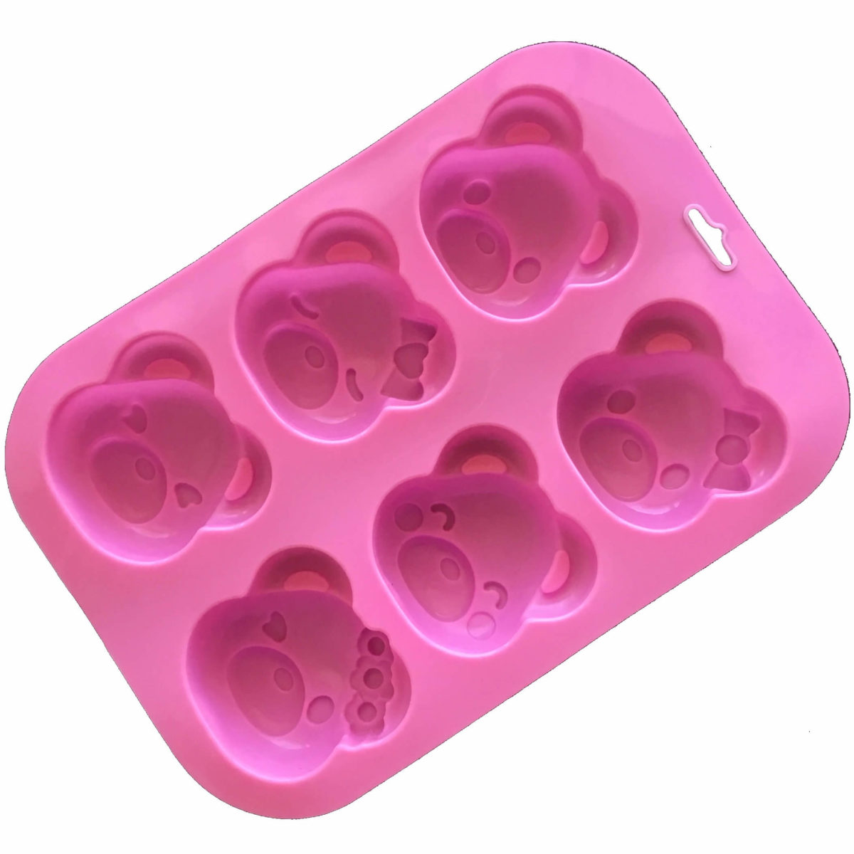 back of pink six cavity silicone mould with teddy bear head-shaped cavities each with an individual facial expression