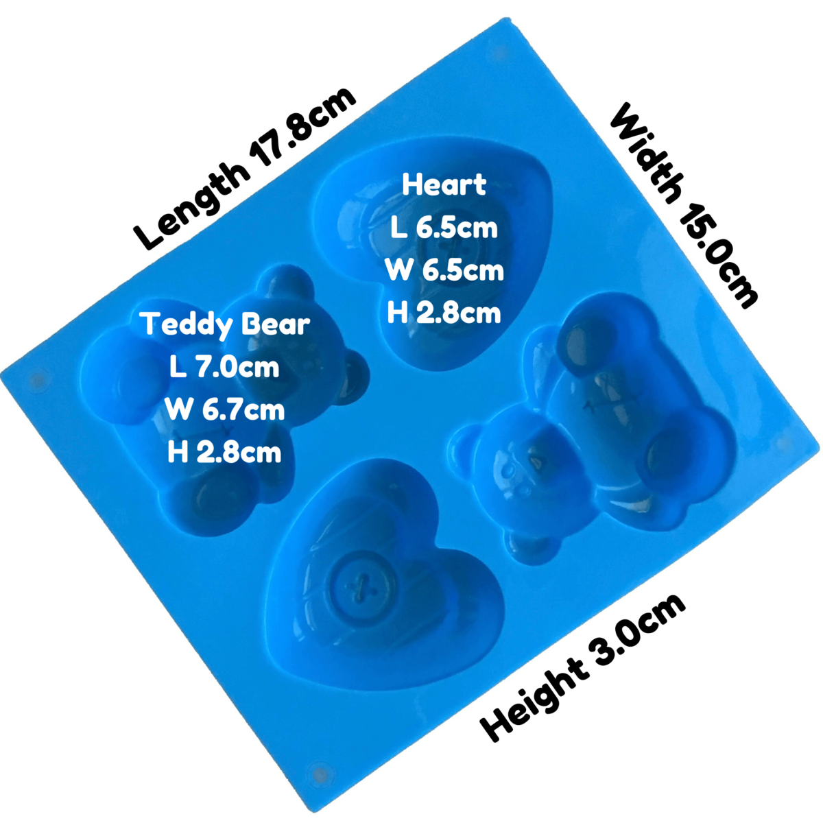 written dimensions of large blue silicone mould with four cavites - two each of toy teddy bear and a heart with a button in the middle