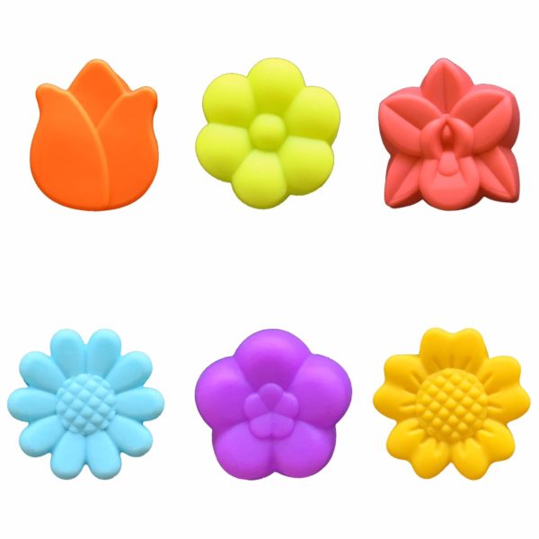 set of six 5cm single cavity silicone moulds in six designs - tulip, flower, orchid, daisy, plum blossom and sunflower