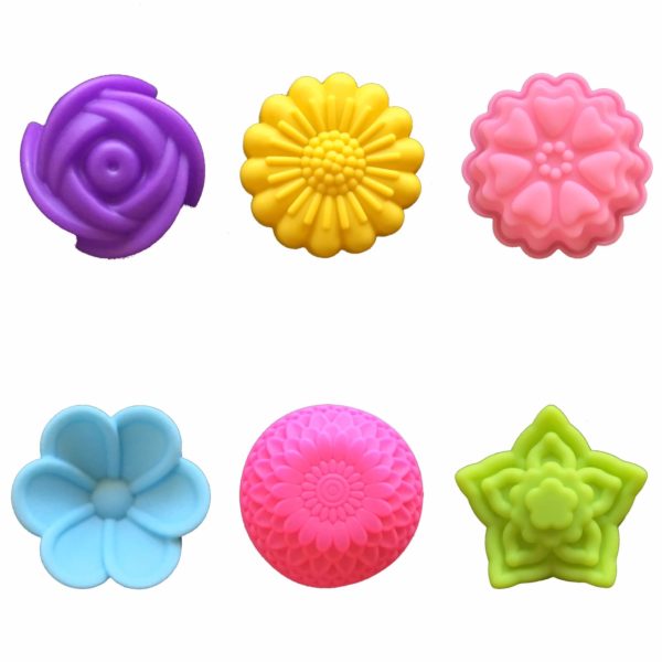 set of six 5cm single cavity silicone moulds in six designs - rose, chrysanthemum, heart blossom, bergonia, dahlia and star jasmine