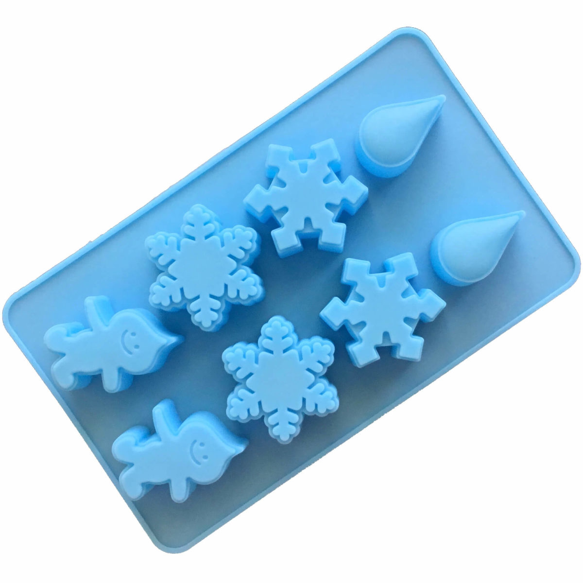 small blue silicone mould with eight cavites - two each of water drop, snow crystal, snowflake and water nymph