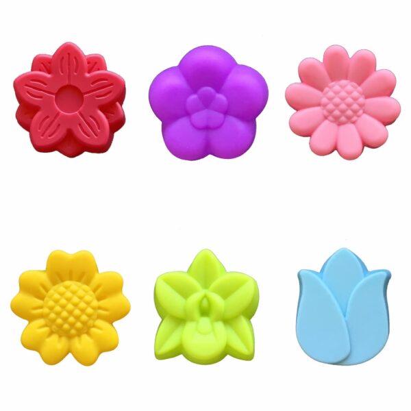 set of six 5cm single cavity silicone moulds in six designs - impatiens, plum blossom. daisy, sunflower, orchid, and tulip