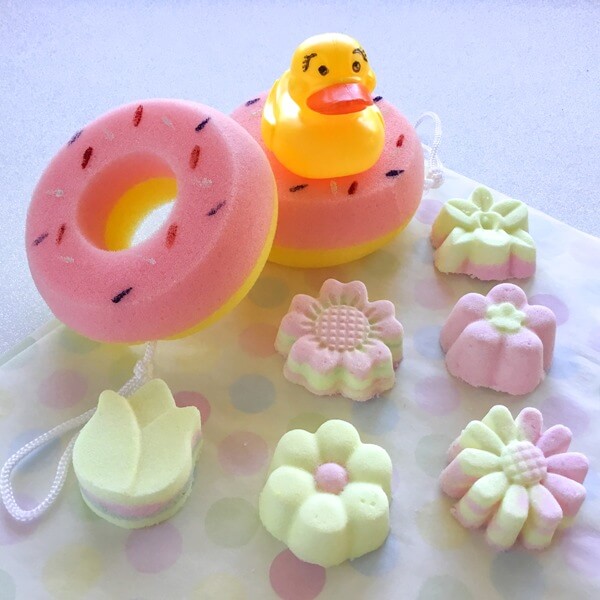 floral bath bombs with rubber ducky