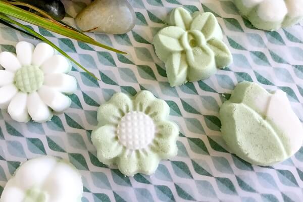 white and green bath bomb flowers