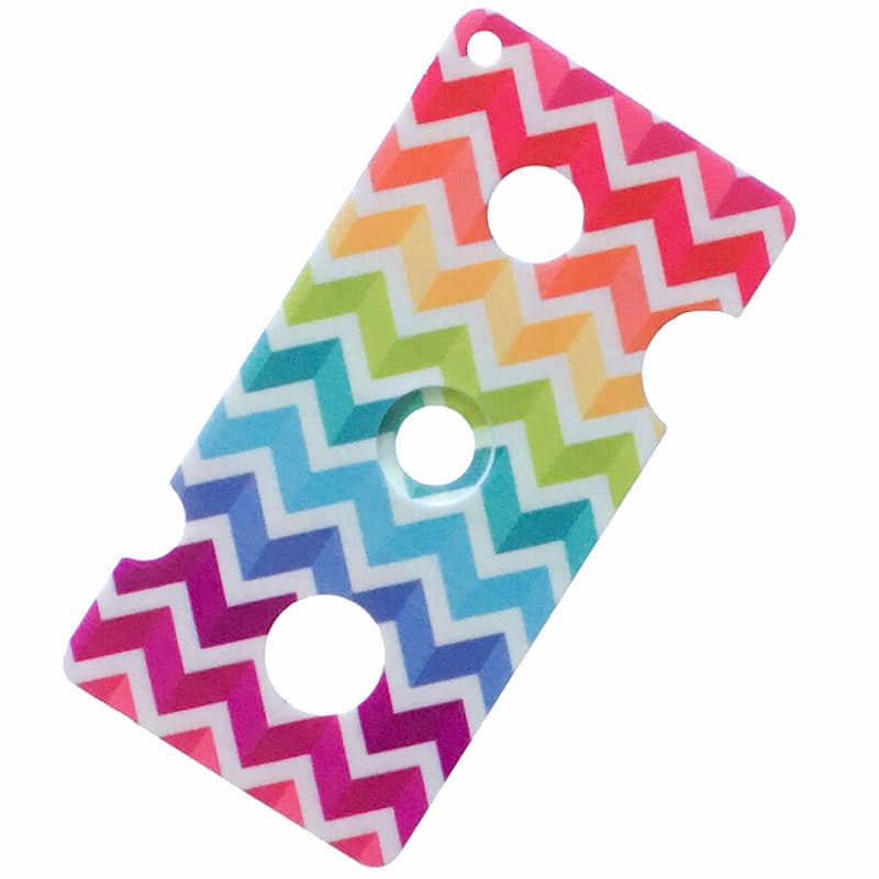 rainbow colored plastic essential oil bottle key with zigzag pattern