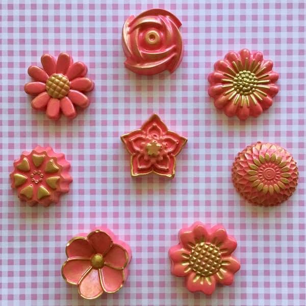pink flower fridge magnets with gold highlights