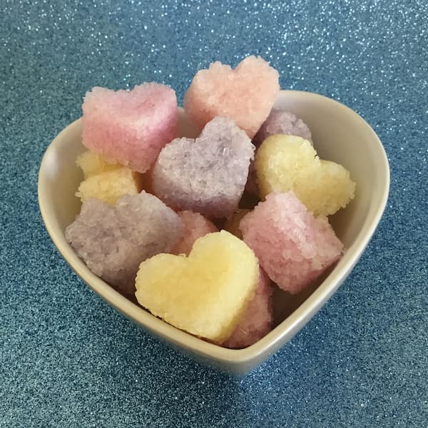 heart shaped epsom salt gems in heart shaped bowl