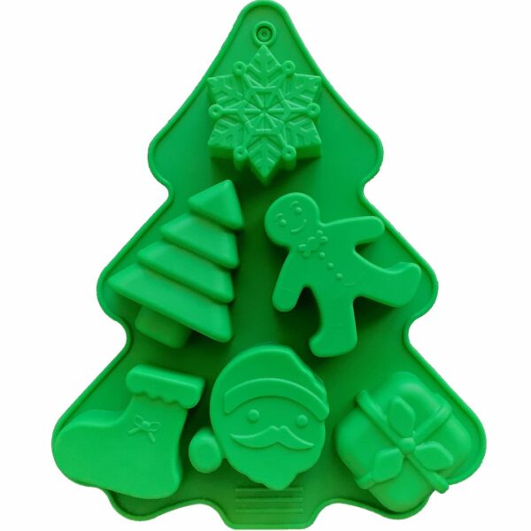 Christmas silicone mould in the shape of a tree with six assorted Christmas shapes