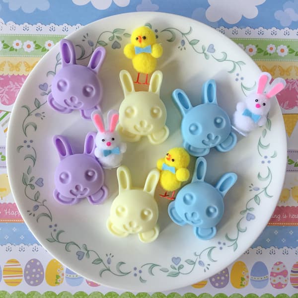 six Easter bunny rabbit soaps on a plate