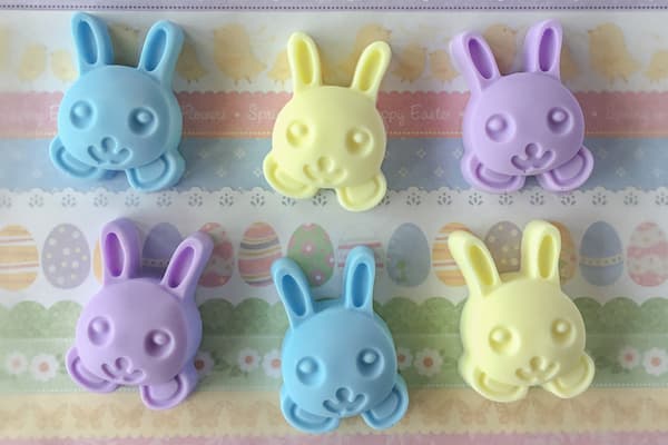six bunny rabbit soaps, two of each colour - blue, yellow and purple