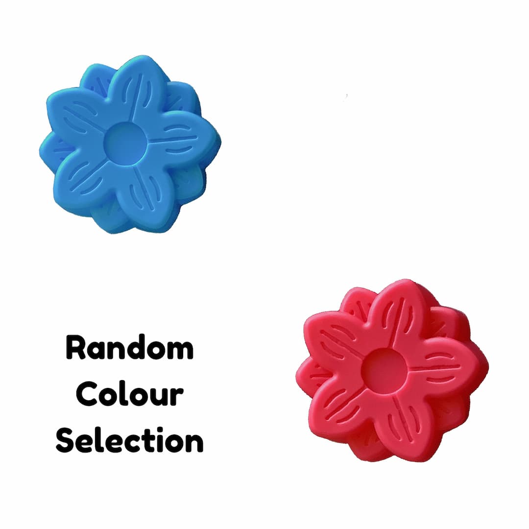 two identical impatience flower silicone moulds, one red, one blue, with the text 'random colour selection'