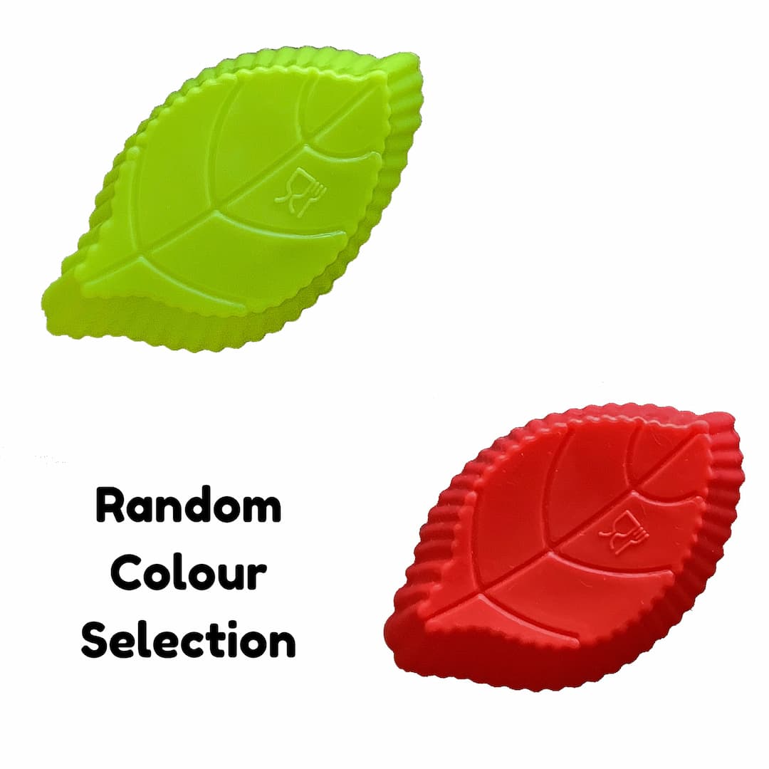 two identical leaf shaped silicone moulds, one red, one green, with the text 'random colour selection'