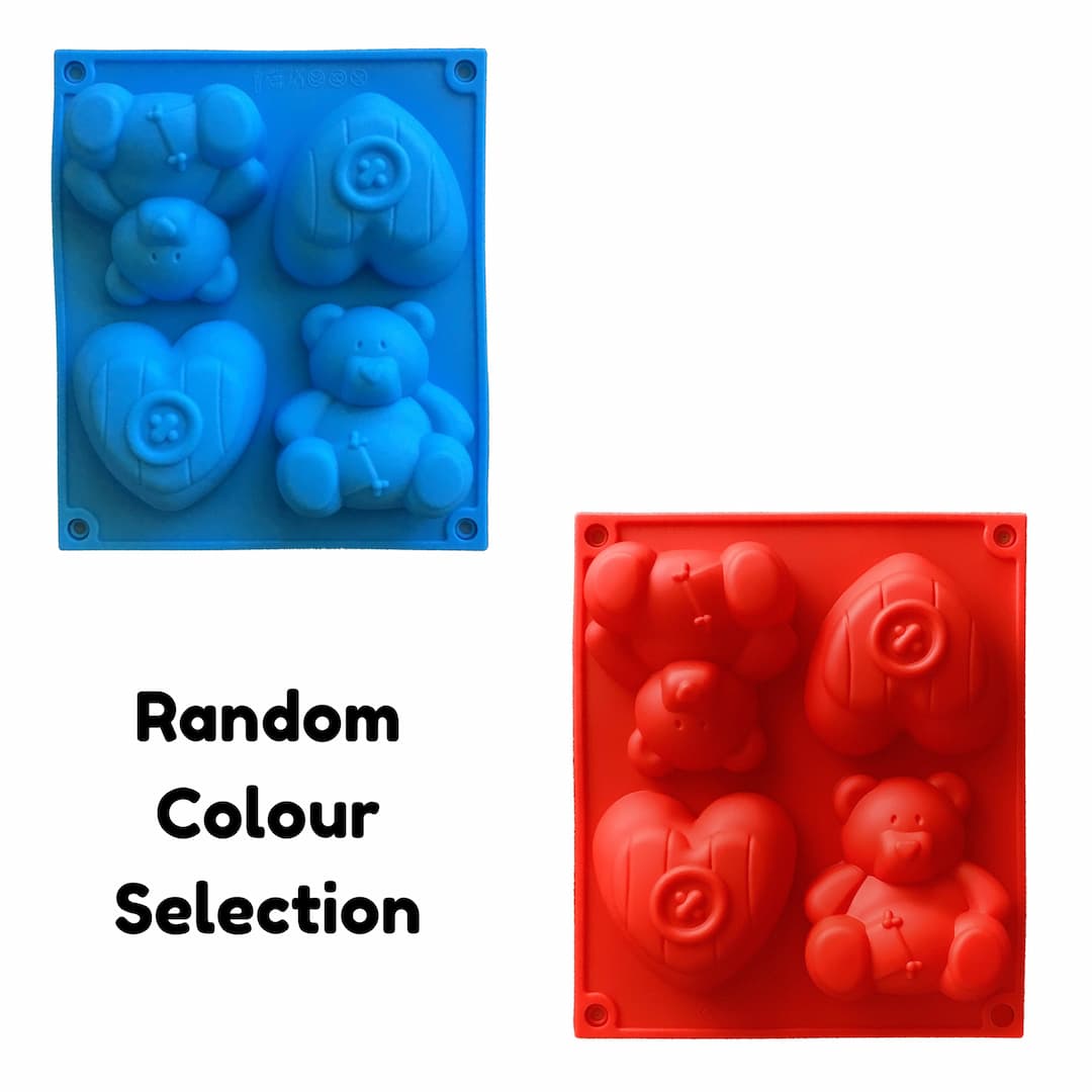 two identical teddy and heart silicone moulds, one red, one blue, with the text 'random colour selection'